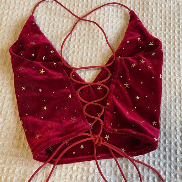 Romwe Red Velvet Celestial Gold Star Corset Back Spaghetti Strap Crop Top Med - Picture 5 of 7